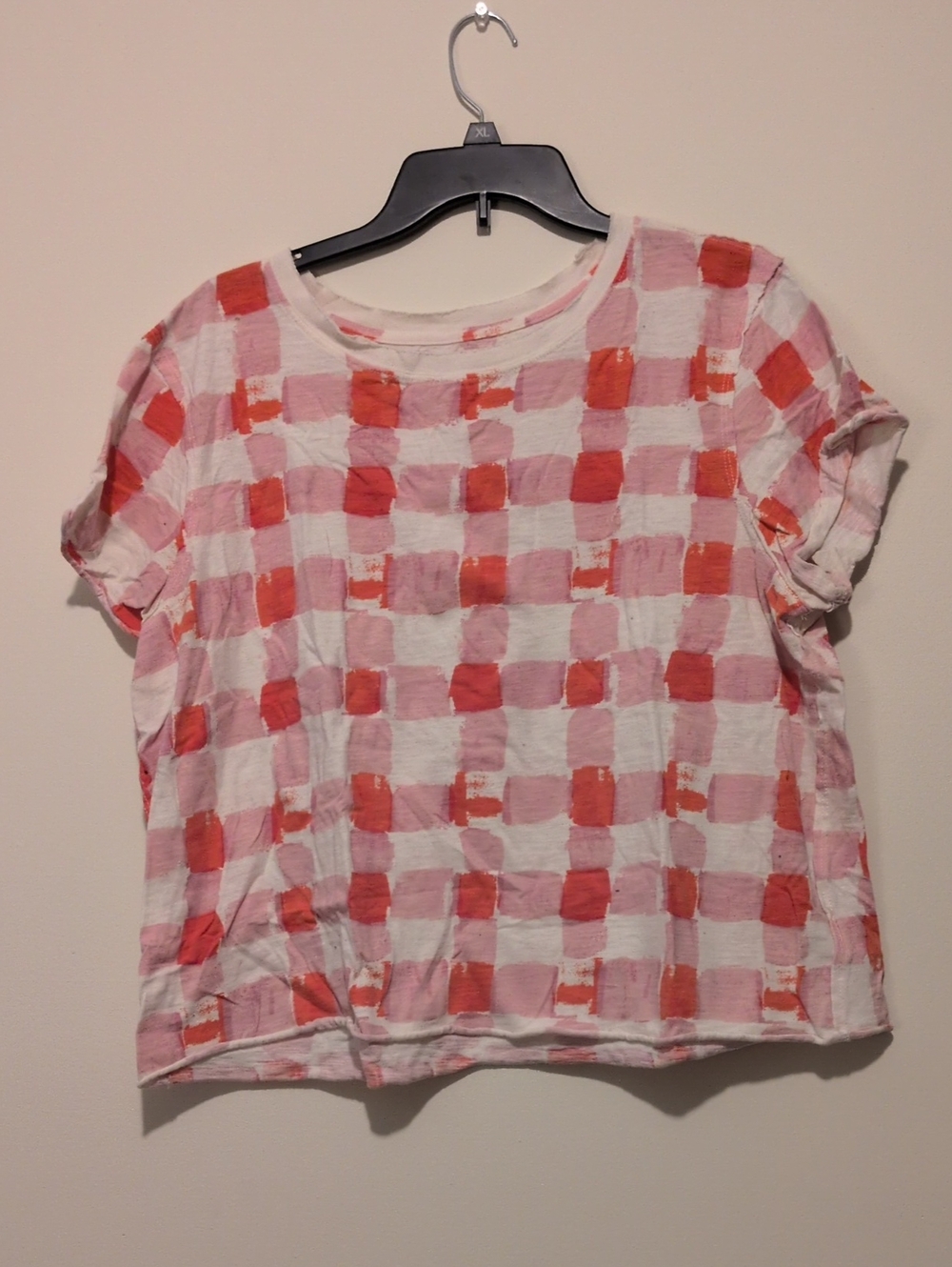 Anthropologie White Tee with Pink & Coral Check Pattern